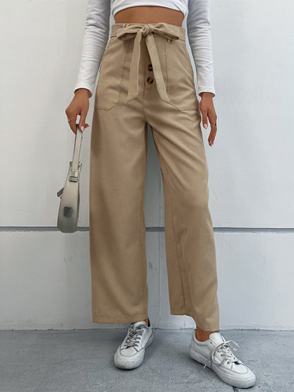 Pants- Women's Tie-Waist Straight-Leg Pants- Khaki- Pekosa Women Clothing