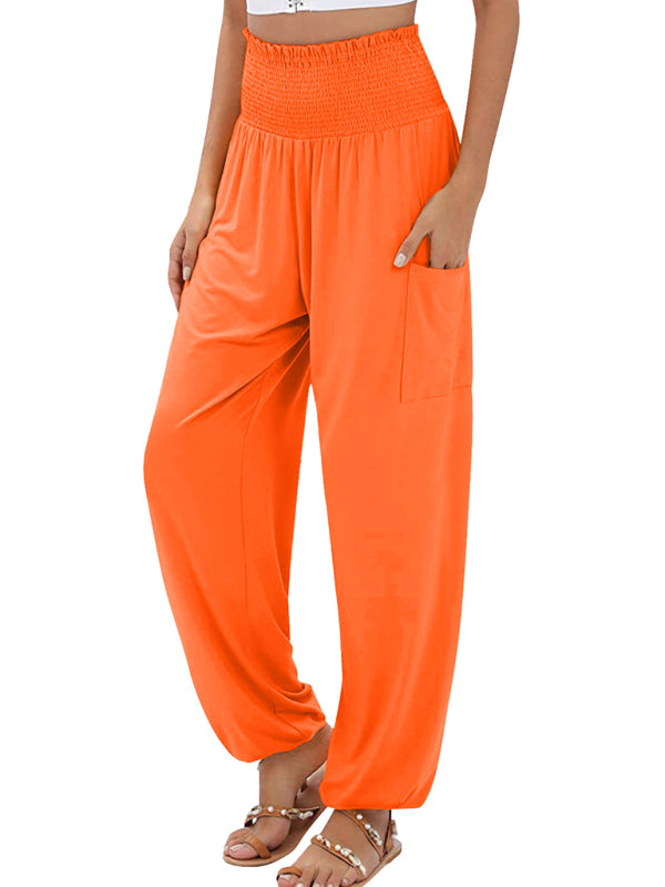 Pants- Women's Wide Smocked Waistband Pants - Solid Wide-Leg Trousers- Orange- Pekosa Women Clothing