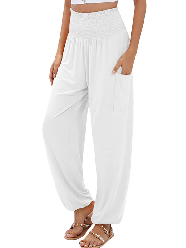 Pants- Women's Wide Smocked Waistband Pants - Solid Wide-Leg Trousers- White- Pekosa Women Clothing