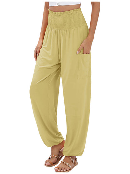 Pants- Women's Wide Smocked Waistband Pants - Solid Wide-Leg Trousers- Yellow- Pekosa Women Clothing