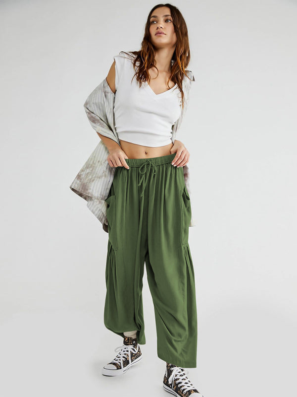 Pants- Yoga Solid Wide-Leg Pants with Pockets and Elastic Waist- Olive green- Pekosa Women Clothing