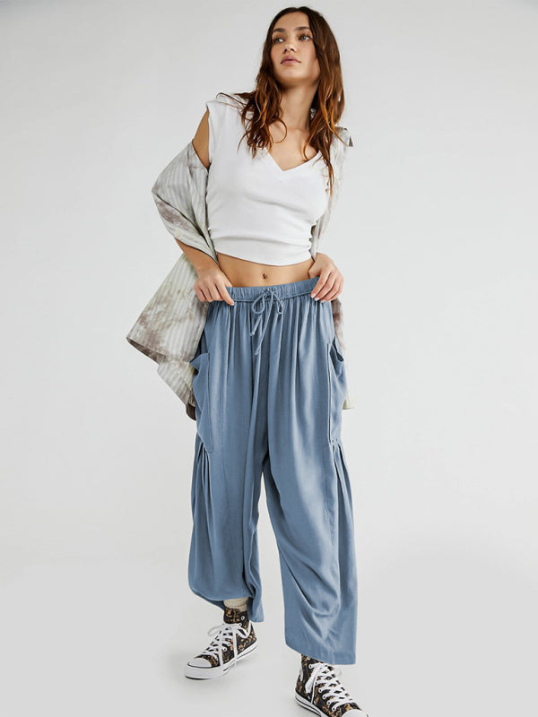 Pants- Yoga Solid Wide-Leg Pants with Pockets and Elastic Waist- Clear blue- Pekosa Women Clothing