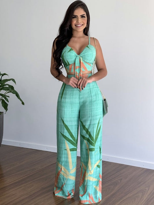 Pants and Top- Vacation Print Suit Wide-Leg Pants & Cami Knot Crop Top- Green- Pekosa Women Clothing