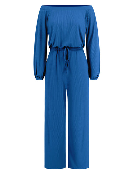 Pantsuits- Casual Autumn Ribbed Off-Shoulder TIe-Waist Jumpsuit - Pantsuit- - Pekosa Women Clothing