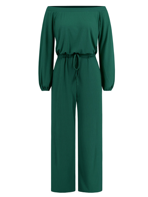 Pantsuits- Casual Autumn Ribbed Off-Shoulder TIe-Waist Jumpsuit - Pantsuit- - Pekosa Women Clothing