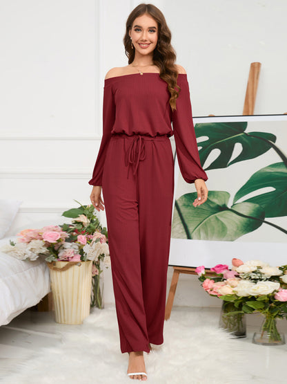 Pantsuits- Casual Autumn Ribbed Off-Shoulder TIe-Waist Jumpsuit - Pantsuit- Red- Pekosa Women Clothing