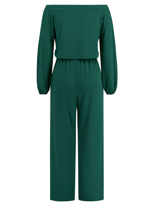 Pantsuits- Casual Autumn Ribbed Off-Shoulder TIe-Waist Jumpsuit - Pantsuit- - Pekosa Women Clothing