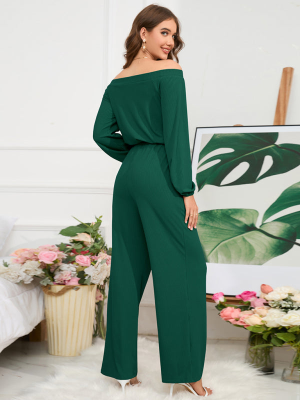 Pantsuits- Casual Autumn Ribbed Off-Shoulder TIe-Waist Jumpsuit - Pantsuit- - Pekosa Women Clothing