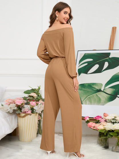 Pantsuits- Casual Autumn Ribbed Off-Shoulder TIe-Waist Jumpsuit - Pantsuit- - Pekosa Women Clothing