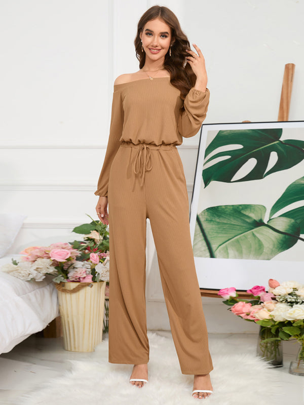 Pantsuits- Casual Autumn Ribbed Off-Shoulder TIe-Waist Jumpsuit - Pantsuit- - Pekosa Women Clothing