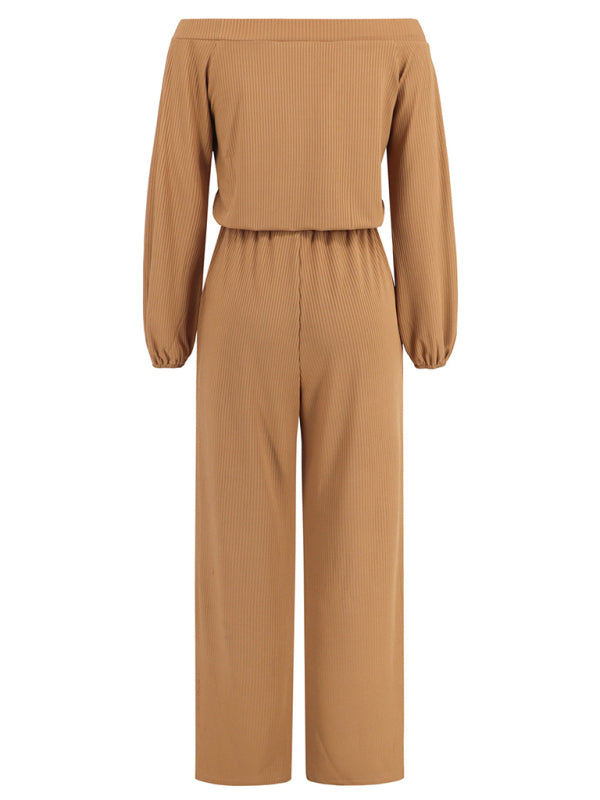 Pantsuits- Casual Autumn Ribbed Off-Shoulder TIe-Waist Jumpsuit - Pantsuit- - Pekosa Women Clothing