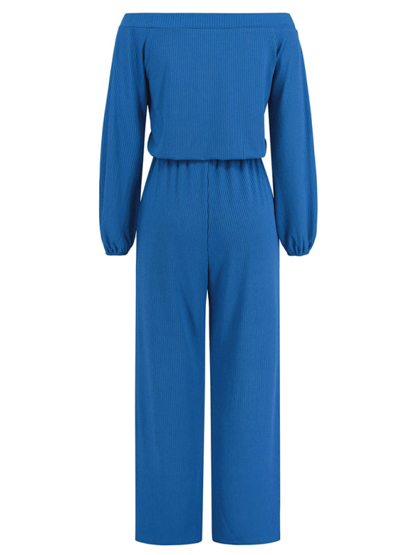 Pantsuits- Casual Autumn Ribbed Off-Shoulder TIe-Waist Jumpsuit - Pantsuit- - Pekosa Women Clothing