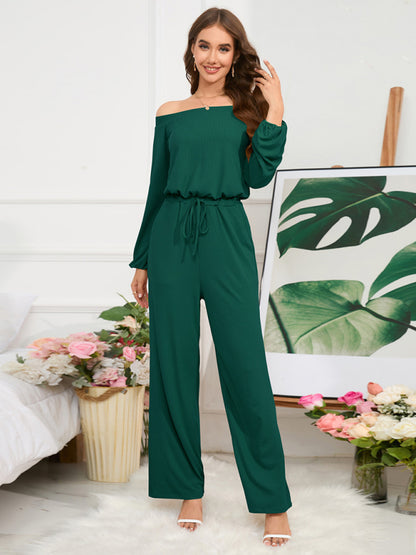 Pantsuits- Casual Autumn Ribbed Off-Shoulder TIe-Waist Jumpsuit - Pantsuit- Green- Pekosa Women Clothing