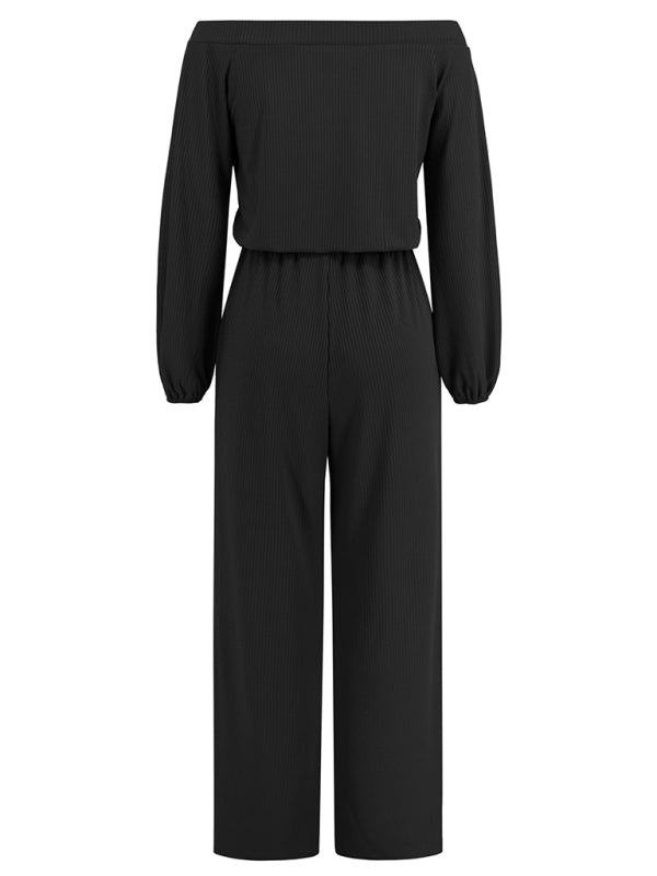 Pantsuits- Casual Autumn Ribbed Off-Shoulder TIe-Waist Jumpsuit - Pantsuit- - Pekosa Women Clothing