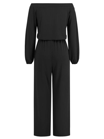 Pantsuits- Casual Autumn Ribbed Off-Shoulder TIe-Waist Jumpsuit - Pantsuit- - Pekosa Women Clothing