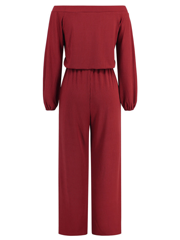 Pantsuits- Casual Autumn Ribbed Off-Shoulder TIe-Waist Jumpsuit - Pantsuit- - Pekosa Women Clothing