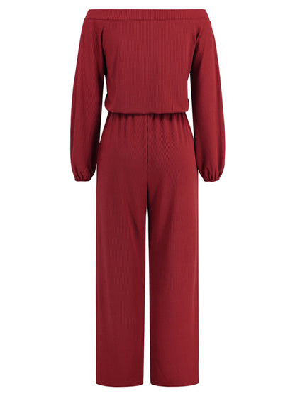 Pantsuits- Casual Autumn Ribbed Off-Shoulder TIe-Waist Jumpsuit - Pantsuit- - Pekosa Women Clothing