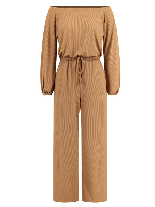 Pantsuits- Casual Autumn Ribbed Off-Shoulder TIe-Waist Jumpsuit - Pantsuit- - Pekosa Women Clothing