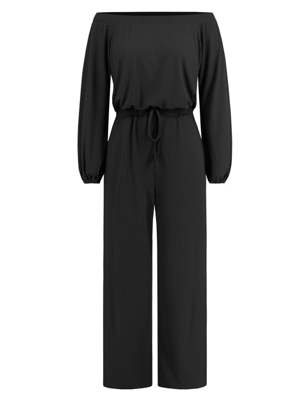 Pantsuits- Casual Autumn Ribbed Off-Shoulder TIe-Waist Jumpsuit - Pantsuit- - Pekosa Women Clothing