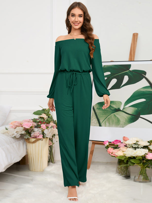 Pantsuits- Casual Autumn Ribbed Off-Shoulder TIe-Waist Jumpsuit - Pantsuit- - Pekosa Women Clothing