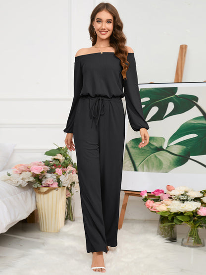 Pantsuits- Casual Autumn Ribbed Off-Shoulder TIe-Waist Jumpsuit - Pantsuit- Black- Pekosa Women Clothing