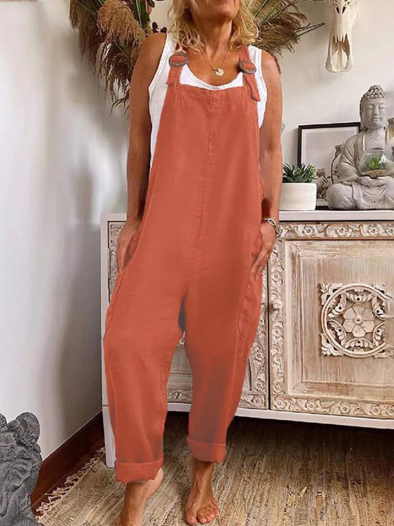 Pantsuits- Cotton Jumpsuit Pantsuit Overalls- Red- Pekosa Women Clothing