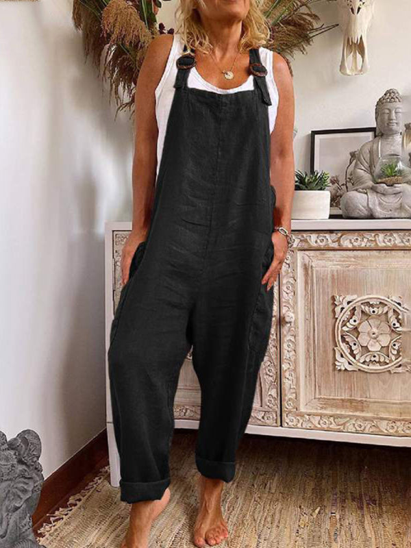 Pantsuits- Cotton Jumpsuit Pantsuit Overalls- Black- Pekosa Women Clothing