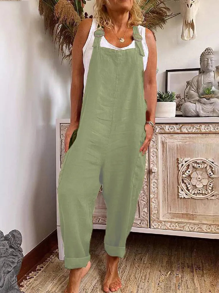 Pantsuits- Cotton Jumpsuit Pantsuit Overalls- Green- Pekosa Women Clothing