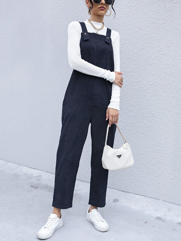 Pantsuits- Solid Corduroy Bib Overalls Jumpsuit- - Pekosa Women Clothing