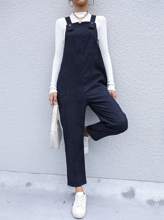 Pantsuits- Solid Corduroy Bib Overalls Jumpsuit- Purplish blue navy- Pekosa Women Clothing