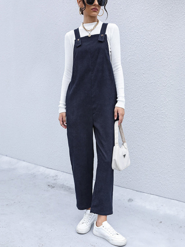 Pantsuits- Solid Corduroy Bib Overalls Jumpsuit- - Pekosa Women Clothing