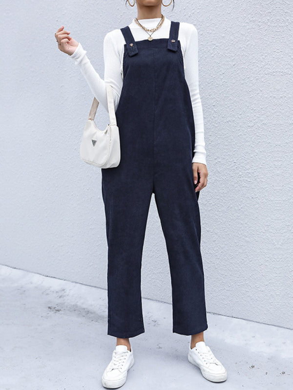 Pantsuits- Solid Corduroy Bib Overalls Jumpsuit- - Pekosa Women Clothing