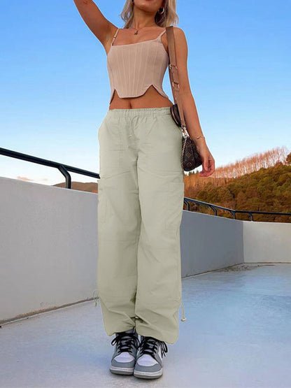 Parachute Pants- Solid Parachute Trousers - Multi-Pocket Mid-Waist Cargo Pants- - Pekosa Women Clothing