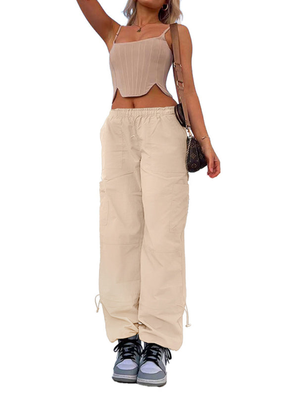 Parachute Pants- Solid Parachute Trousers - Multi-Pocket Mid-Waist Cargo Pants- - Pekosa Women Clothing