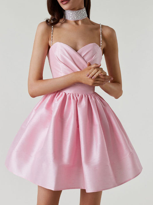 Party Dresses- Beaded Straps Princess Cocktail Sweetheart Mini Dress- Pink- Pekosa Women Clothing