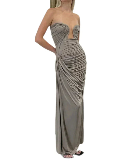 Party Dresses- Classy Cocktail Strapless Plunge Ruched Maxi Dress in a Draped Design- - Pekosa Women Fashion