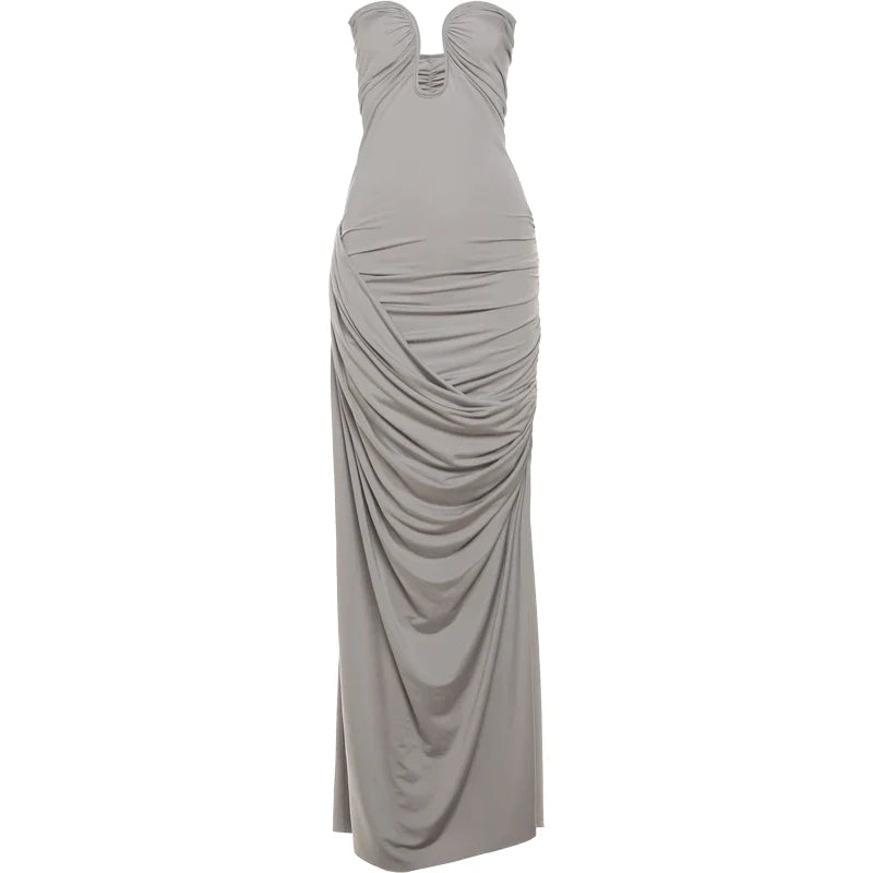 Party Dresses- Classy Cocktail Strapless Plunge Ruched Maxi Dress in a Draped Design- - Pekosa Women Fashion