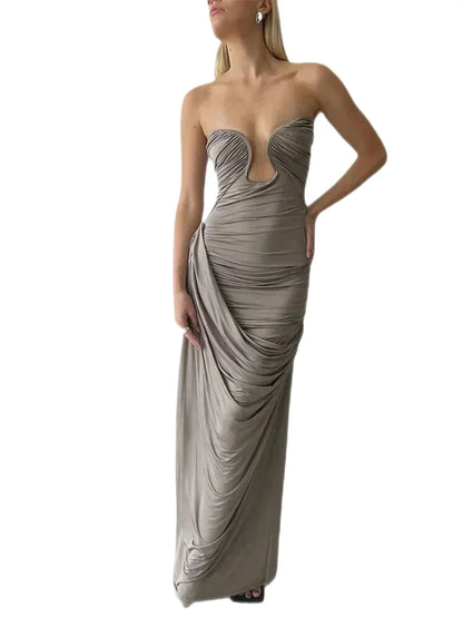 Party Dresses- Classy Cocktail Strapless Plunge Ruched Maxi Dress in a Draped Design- - Pekosa Women Fashion