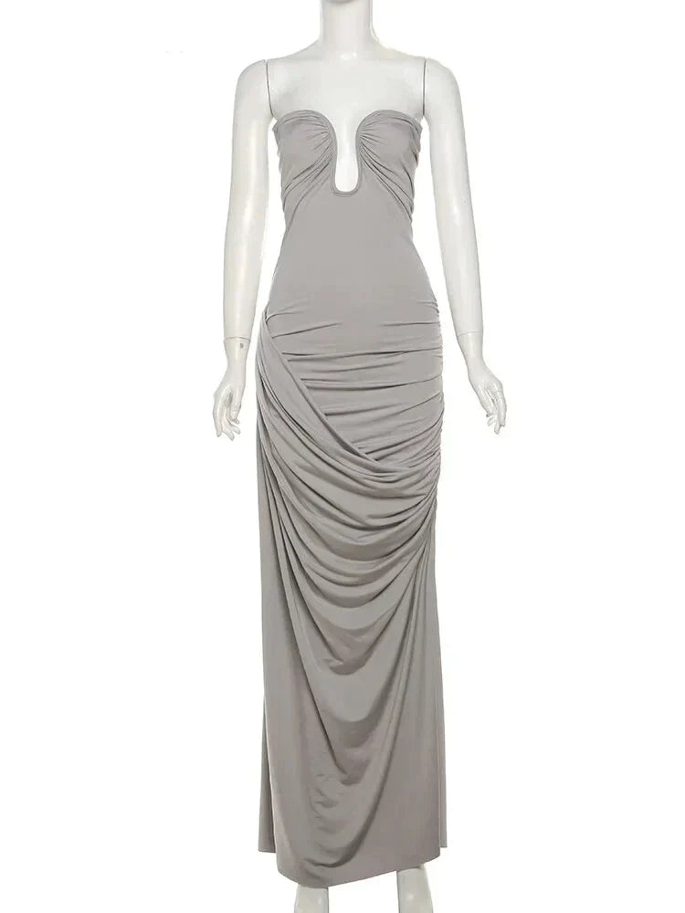 Party Dresses- Classy Cocktail Strapless Plunge Ruched Maxi Dress in a Draped Design- GRAY- Pekosa Women Fashion