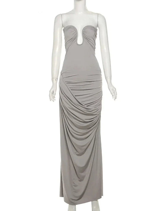 Party Dresses- Classy Cocktail Strapless Plunge Ruched Maxi Dress in a Draped Design- GRAY- Pekosa Women Fashion