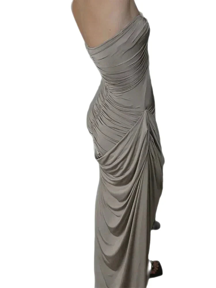 Party Dresses- Classy Cocktail Strapless Plunge Ruched Maxi Dress in a Draped Design- - Pekosa Women Fashion