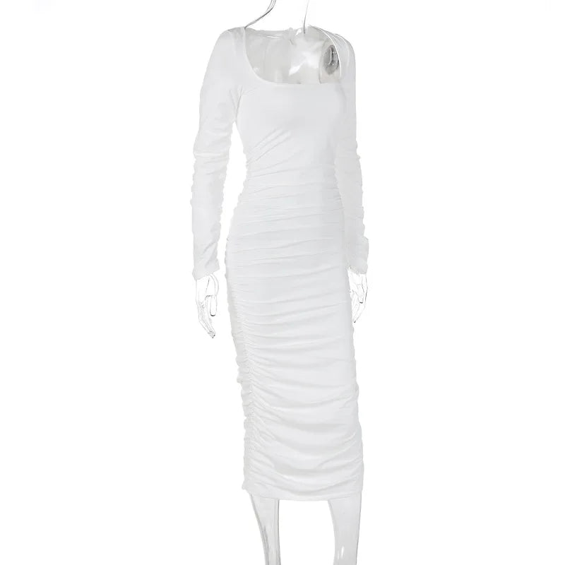 Party Dresses- Cocktail Events Ruched Square Neck Bandage Midi Dress- - Pekosa Women Clothing