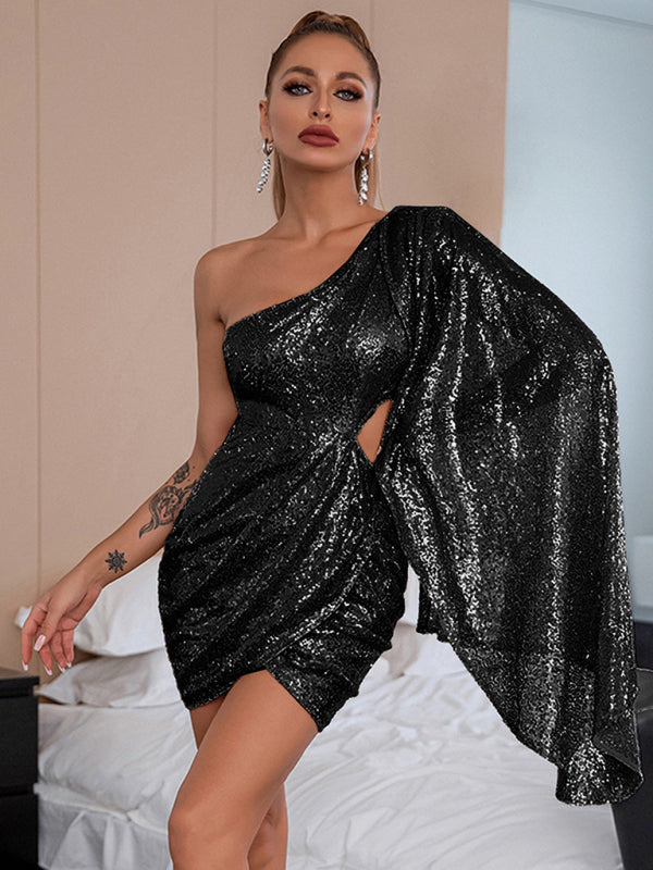 Party Dresses- Cocktail Sparkling Mini Dress with Cape Sleeve- Black- Pekosa Women Clothing