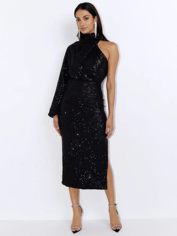 Party Dresses- Elegant Cocktail Sparkly Sequin One Shoulder Long Sleeve Scarf Dress- Black- Pekosa Women Clothing