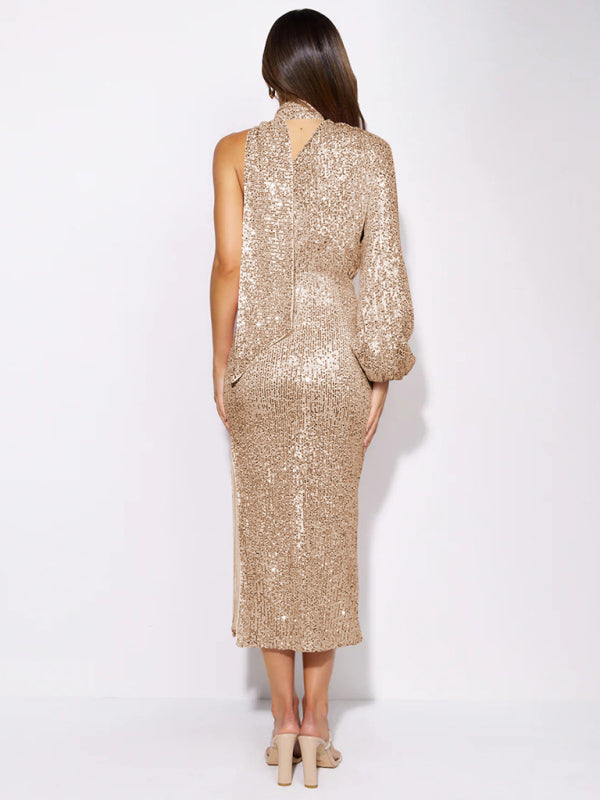 Party Dresses- Elegant Cocktail Sparkly Sequin One Shoulder Long Sleeve Scarf Dress- - Pekosa Women Clothing