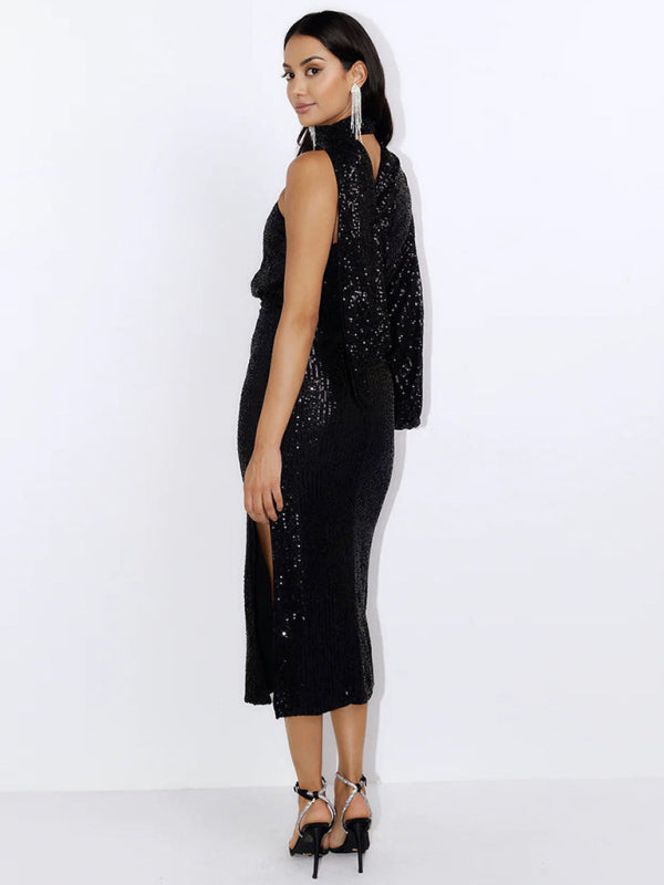 Party Dresses- Elegant Cocktail Sparkly Sequin One Shoulder Long Sleeve Scarf Dress- - Pekosa Women Clothing