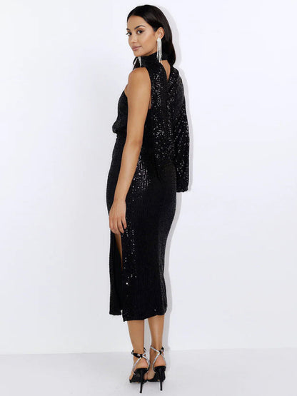 Party Dresses- Elegant Cocktail Sparkly Sequin One Shoulder Long Sleeve Scarf Dress- - Pekosa Women Clothing