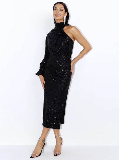 Party Dresses- Elegant Cocktail Sparkly Sequin One Shoulder Long Sleeve Scarf Dress- - Pekosa Women Clothing