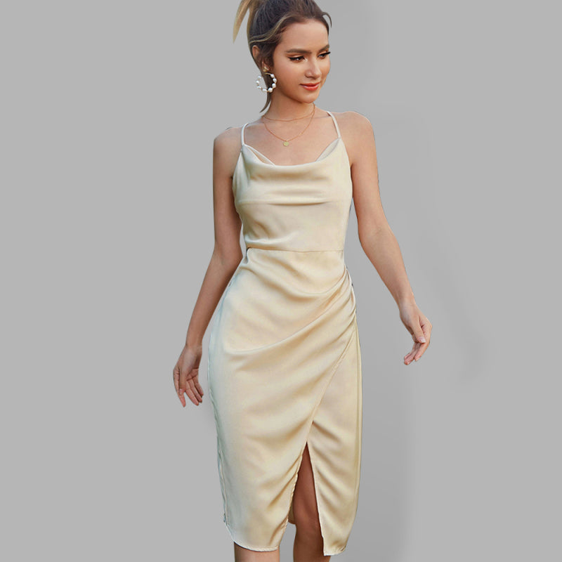 Party Dresses- Elegant Cowl Neck Cami Slit Slip Dress- khaki- Pekosa Women Clothing