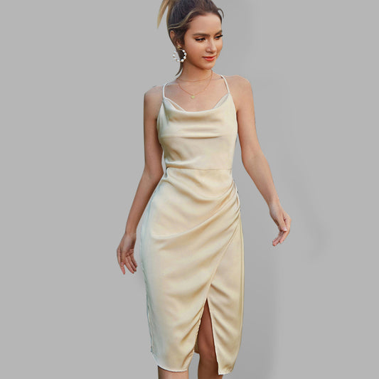 Party Dresses- Elegant Cowl Neck Cami Slit Slip Dress- khaki- Pekosa Women Clothing
